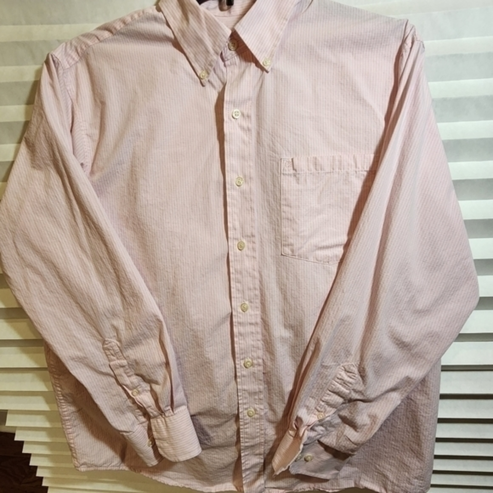 IZOD Men's 100% Cotton Pink White Button-Down Striped Shirt Size Large Spring
